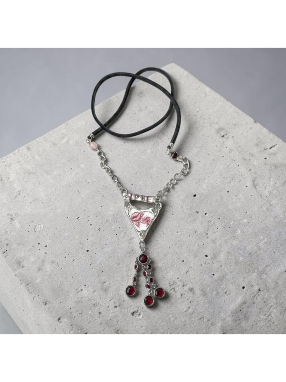 Repurposed Porcelain Love Banner Necklace - Vintage Garnet Tassel - Silver Chain - Picture 5 of 15